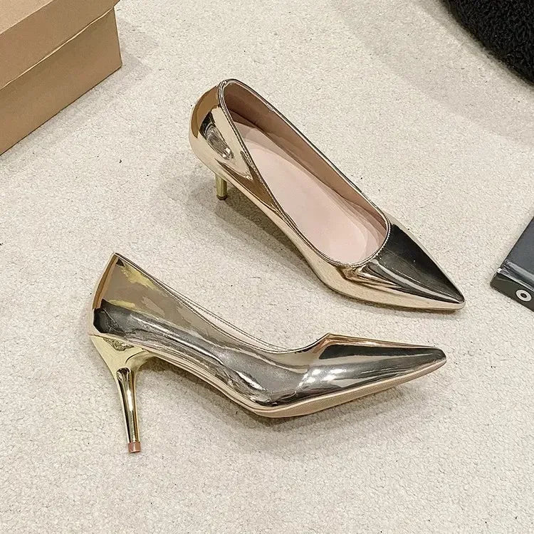 Lunivop Soft Leather Sliver Gold High Heels 8/10cm Shoe Fashion Women Pumps Pointed Toe Slip-on Office Woman Wedding Shoes Large Size 43