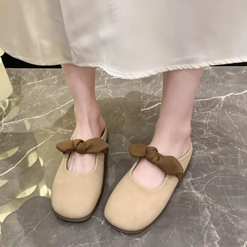 Lunivop Fashion Bowknot Pearl Flat Bottom Baotou Half Slippers Women New Summer Shallow Mouth Mary Jane Single Shoes Casual Slides