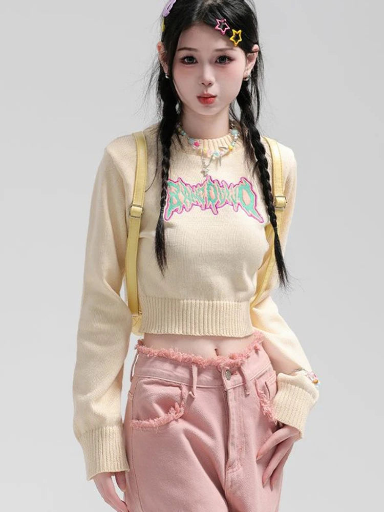 Lunivop Sexy Cropped Sweaters Women Slim Letter Long Sleeve Cute Knitted Jumper Vintage Preppy Style Female O Neck Casual Pullovers