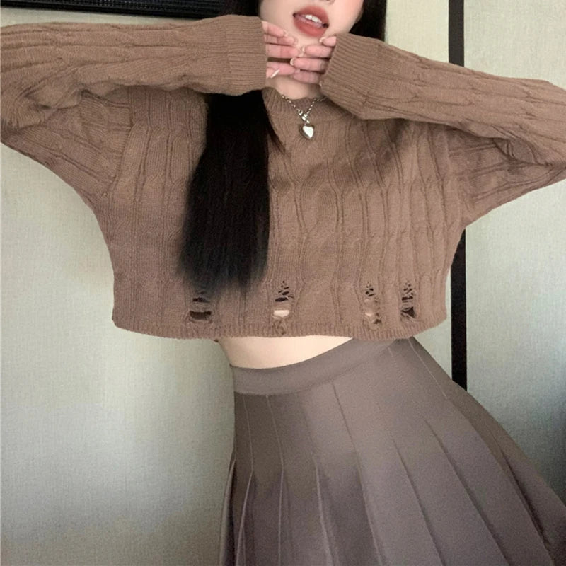 Lunivop Distressed Sweater for Women Teen-girl Cable Knit Crew Neck Crop Sweater Pullover Plain Jumper Y2K Grunge Outfit