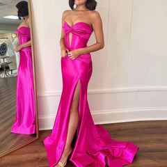 Lunivop  Bafftafe Fuchsia Satin Mermaid Evening Dresses Pleated Sexy High Slit Fishtail Long Formal Birthday Party Gowns Prom formal dress