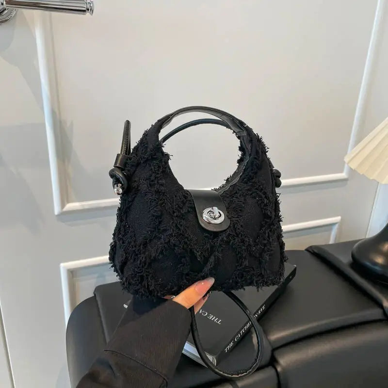 Lunivop  Solid Color Quilting Tote Bag Women Denim Large Capacity Lock Shoulder Bag Ladies Harajuku Short Tassel Hand Carry Crossbody Bag