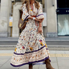 Lunivop   Summer Printed Dress V-Neck Button Flare Sleeve Long Sleeve Long Dresses Bohemian Style Loose Sundress for Women