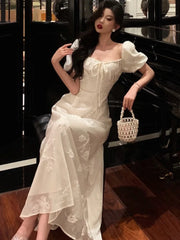 Lunivop  Puff Sleeve Evening Party Dress for Women Summer New Elegant Chinese Style Square Collar Lace-up A-line Long Vestidos Mujer