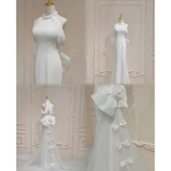 Lunivop  Satin Solid Design Halter Beading Wedding Party Dress Temperament Slim Fit Train Prom Vestidos Back Bow Design Evenin  formal dress