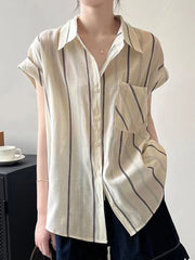 Lunivop Loose Women Striped Shirt Vintage Short Sleeve Casual Pocket Blouse French Retro Simple Female Summer Elegant Sweet Tops