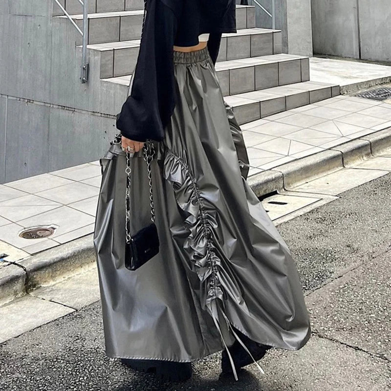 Lunivop Retro Drawstring Fungus Long Umbrella Skirt For Women Autumn New Loose Patchwork Solid Glossy High Waist Skirts Female