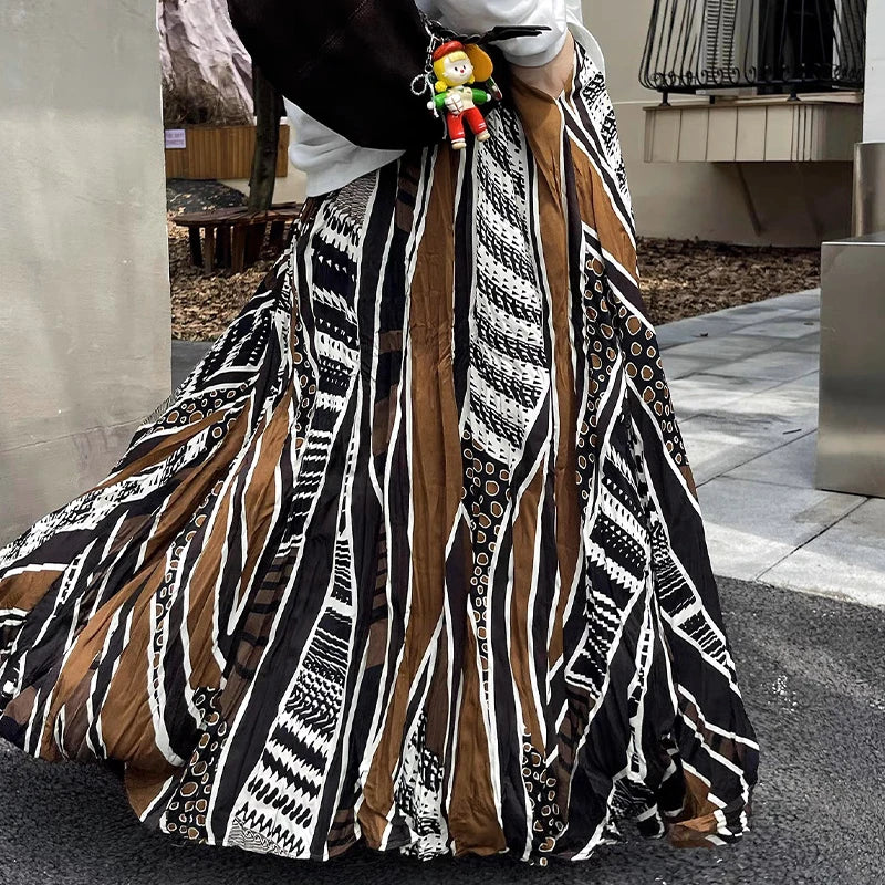 Lunivop  Irregular Printed Big Swing Long Skirts Fall Winter Leisure Folds Loose Comfortable Versatile Half Skirt Female Vintage Clothing