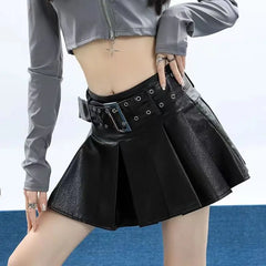 Lunivop Leather Skirt Black Punk Women Sexy Pleated Grunge Vintage Mini Skirt Y2k Gothic Streetwear A-line Ladies Retro Skirts
