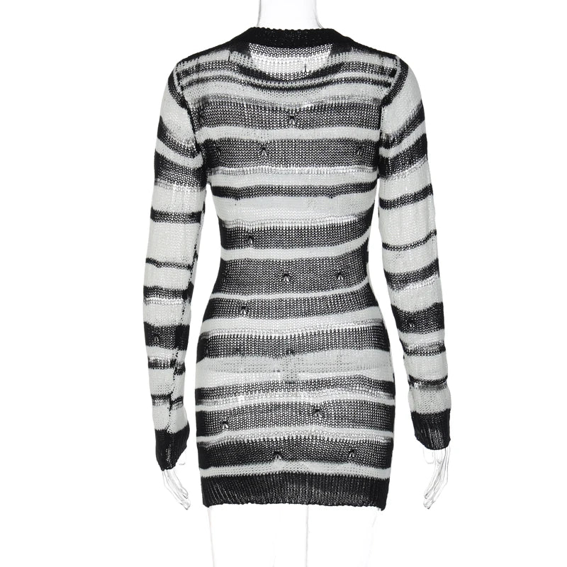 Lunivop Knitting Rib Long Sleeve Striped O Neck Hollow Out Mini Daily Women'S Dresses Summer Autumn Casual Clothes