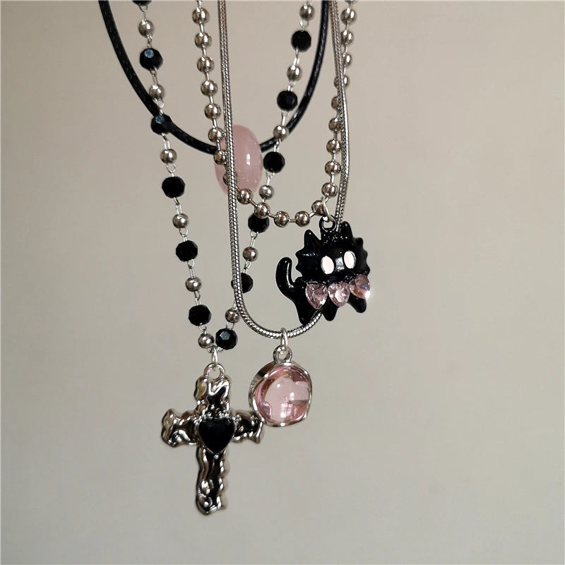 Lunivop Kpop Punk Goth Black Cat Pink Crystal Cross Heart Pendant Star Chain Necklace Men Women Hip Hop 2000s Y2K Grunge EMO Accessories