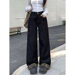 Lunivop  Spring Autumn Women's Rolled Hem Stitched Leopard Print Wide Leg Jeans Slim Fit Floor Length Straight Long Pants