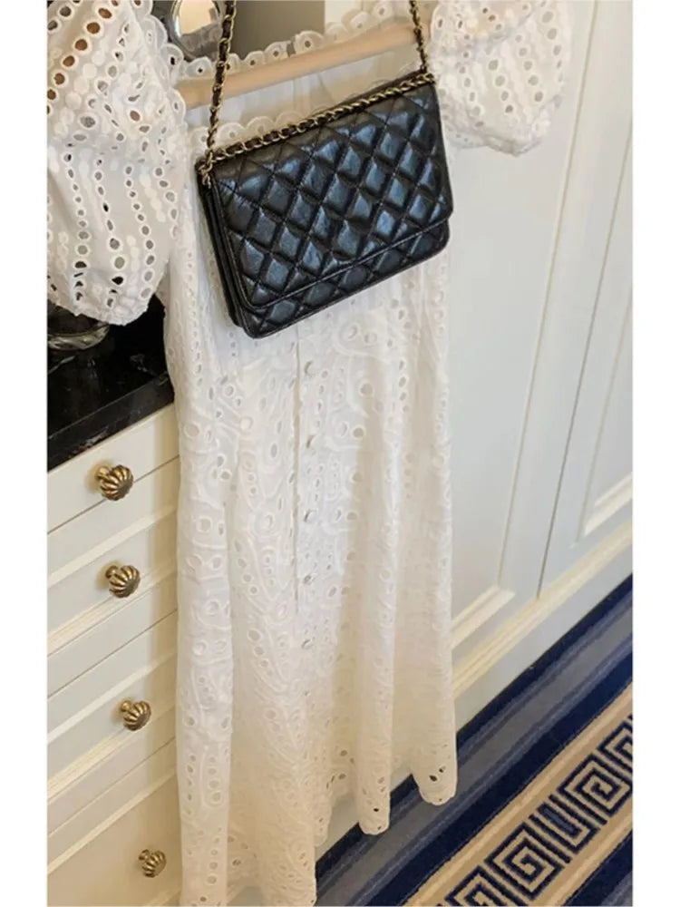 Lunivop  Summer White Midi Dress Hollow Out For Women Elegant Square Collar Puff Sleeve French Kawaii Vestidos Korean Chic Dresses Mujer