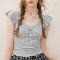 Lunivop  French Streetwear V Neck Ruffle Fly Sleeve Base T Shirts Fashion Spliced Lace Bow Appliques Design Solid Top Y2k Punk Clothes