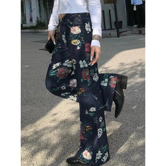 Lunivop Blue Womens Jeans High Waist Vintage Straight Printing Baggy Denim Pants Street American Style Casual Wide Leg Denim Trouser