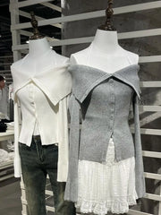 Lunivop  Vintage Fake Two Pieces Lace Halter T-shirt Women Sexy Off Shoulder Single Breasted Slim Long Sleeve Tees Sweet Gray Knit Tshirt