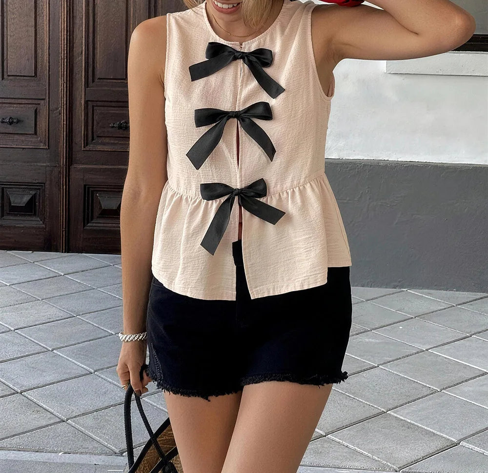 Lunivop  Summer Euramerican Sweet Elegant O Neck Sleeveless Tank Tops Y2k Constrast Color Bow Design Sweet Cool Camisole Harajuku Tops