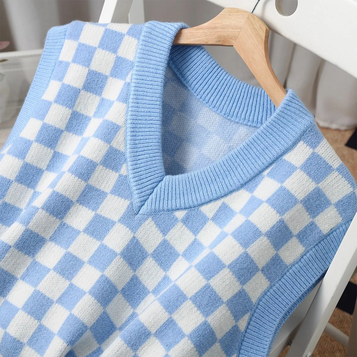 Lunivop Checkered Sweater Vest Women Blue and White Checkerboard Sleeveless Knit Top Teen-girl Y2K Preppy Style Outfit