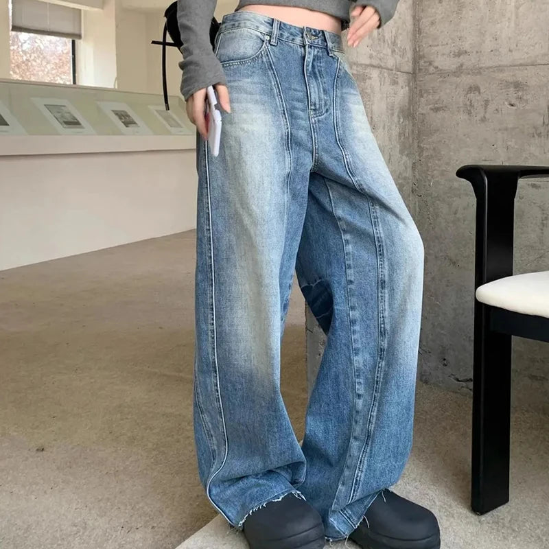 Lunivop  American Vintage Baggy Women Jeans Y2K Fashion Streetwear Distress Raw Edge Straight Pants Harajuku High Waist Pocket Trousers