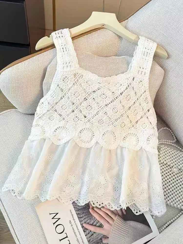 Lunivop Women Crochet Tank Top with Eyelet Lace Trim Sleeveless Square Neck Cami Top Summer Bohemian Beach Vacation Outfit