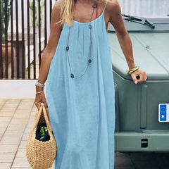 Lunivop  BKLD Beach Holiday Style Female Casual Open Back Comfort Tank Dress Sexy Solid Color Loose Lace Up Shirring Straps Pleated Dress