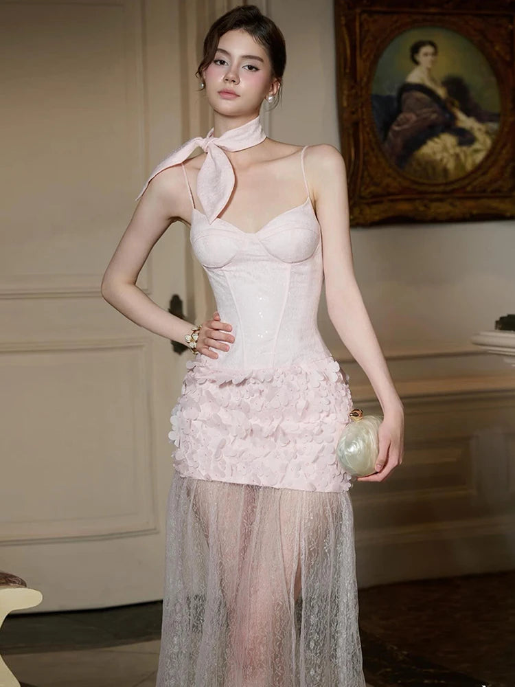 Lunivop  Cutenew See Through Hem Dress Sexy Women Mesh Patchwork Sweet Elegant Applique Low-Neck Zip Trend Evening Birthday Party Bodycon
