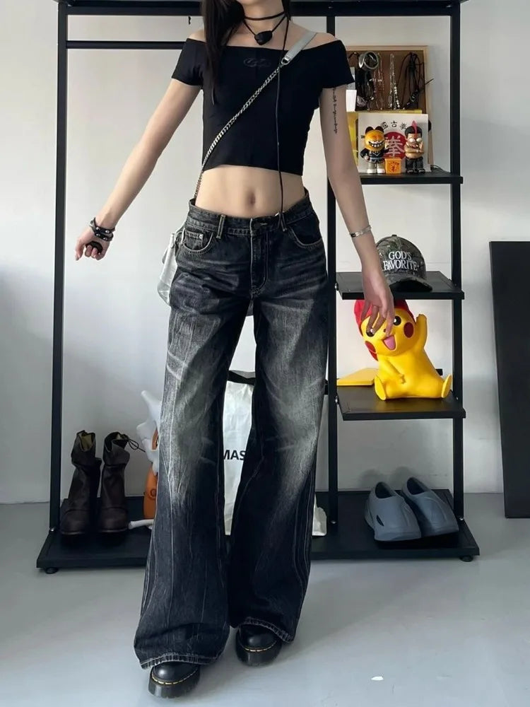 Lunivop Grunge Y2k Black Jeans Women Baggy Vintage High Street Oversized Denim Trousers Gothic Gyaru 2000s Acubi Fashion Jeans