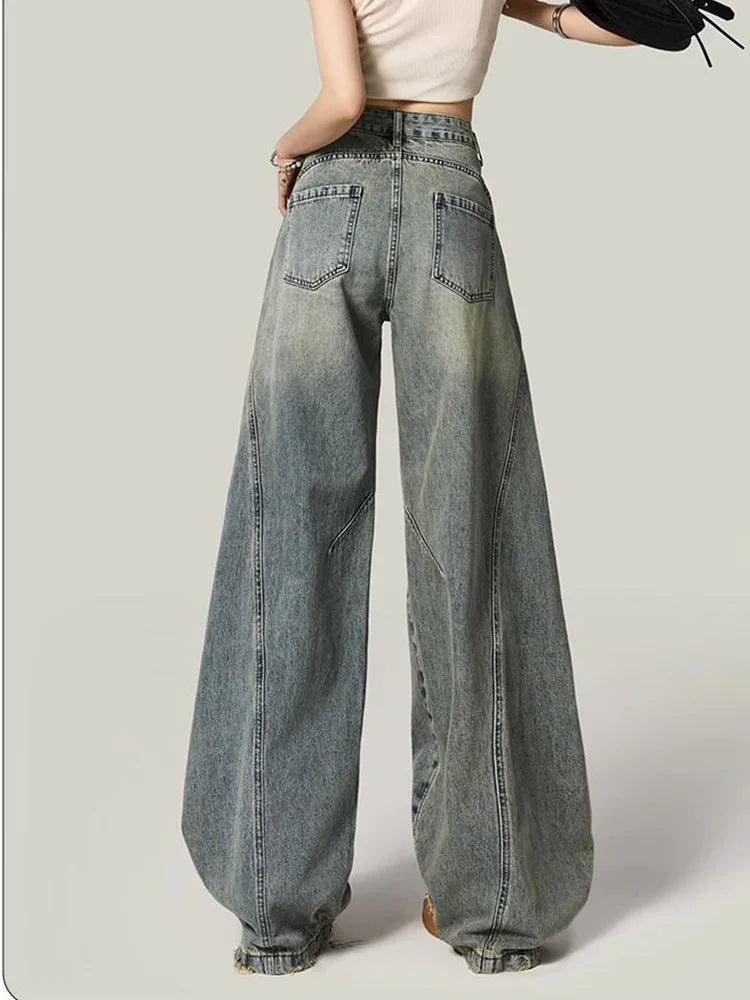 Lunivop Women Y2K Hole Jeans Streetwear American Retro High Waist Loose Denim Pants Casual Hip Hop Vintage Pockets Lady Gothic Trousers