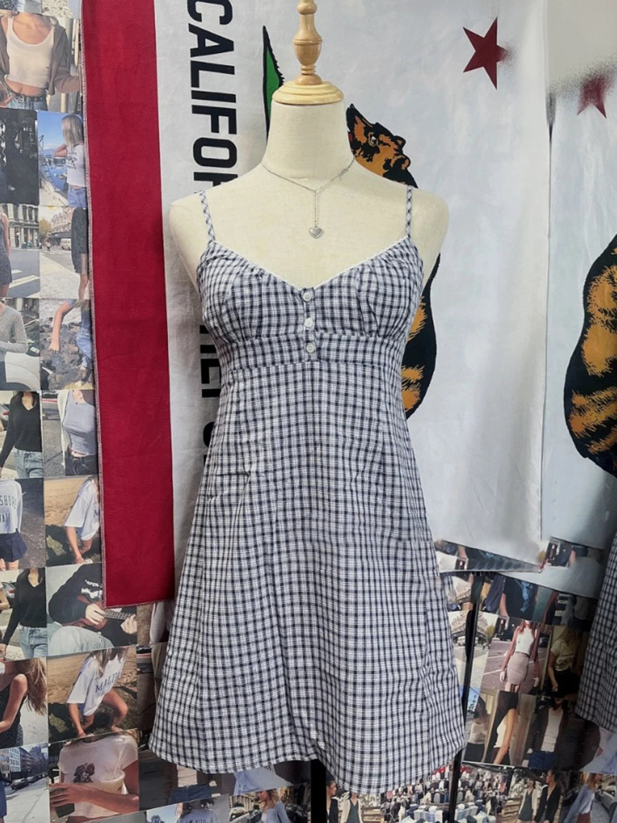 Lunivop  Red Plaid Mini Dresses Women Three Buttons Lace Trim V Neck Sleeveless A-line Vestidos Summer Sweet Preppy Style Suspender Dress