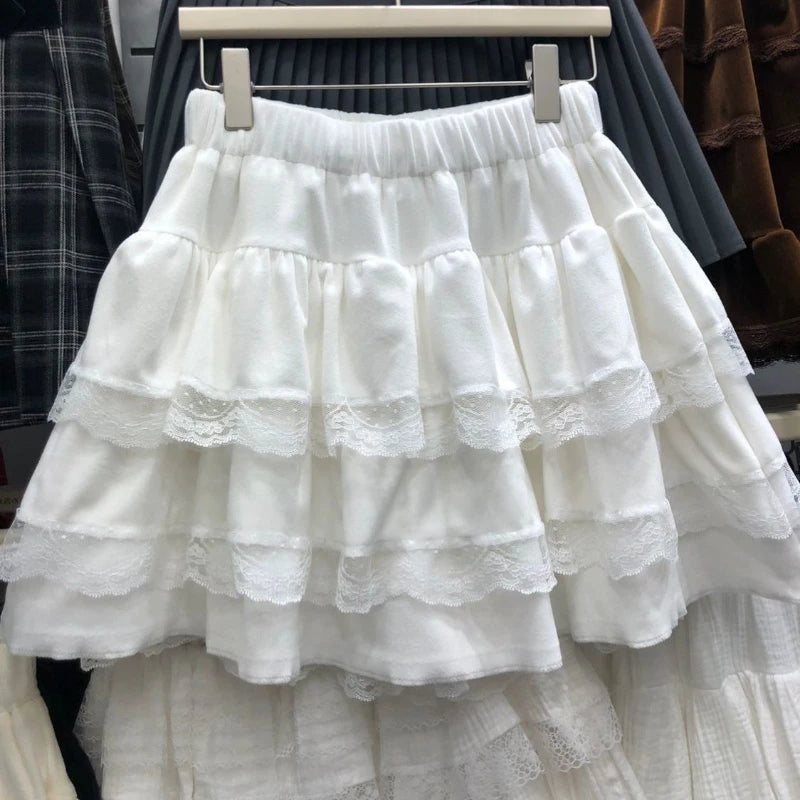Lunivop Autumn Winter Sweet Solid Elastic Waist Skirt Women Elegant Chic Lace  High Waist Short Skirt Female Design Cute Cake Skirt New