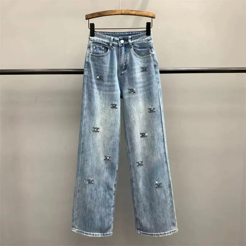 Lunivop  Letter embroidery Hot Diamond Denim Wide leg Trousers Women's New High waisted  Loose Straight leg Jeans Floor length Pants