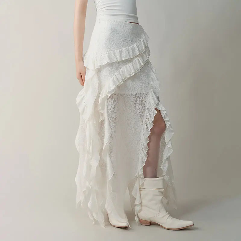 Lunivop Gothic Black Y2k Skirts Women Gyaru 2000s Lace Irregular Long White Skirt Streetwear Irregular Ruffle Skirts Aesthetic