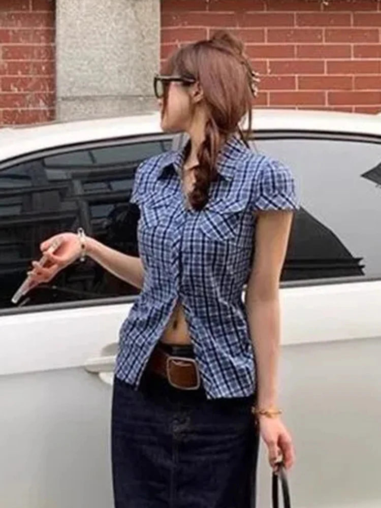 Lunivop  Vintage Slim Plaid Shirt Women Casual Pockets Short Sleeve Y2K Blouse Summer American Harajuku Retro Female Streetwear Tops