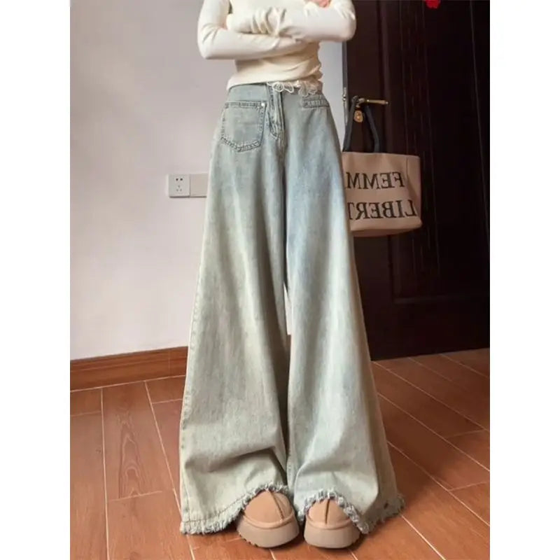 Lunivop  Light Blue Flared Jeans for Tall Women, A/W High-Waisted Wide-Leg Distressed Hem Pants