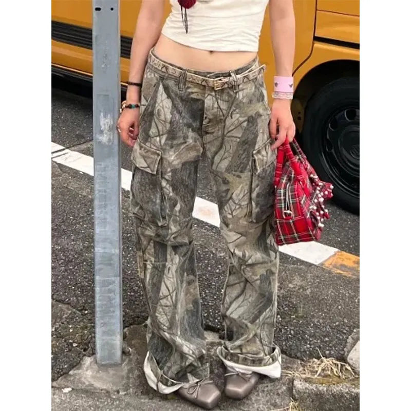 Lunivop Retro Women High Waist American Finish Wide Leg Pants Y2K Streetwear Sweat Pants 2024 Autumn Camouflage Straight Trouse