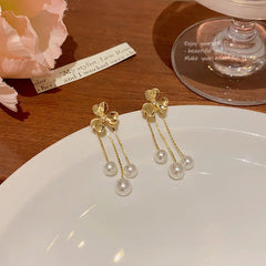 Lunivop New Trendy Golden Flower Pearl Long Tassel Earrings For Women Exquisite Alloy Needle Sweet Elegant Party Wedding Jewelry Gifts