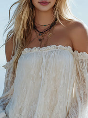 Lunivop  Summer Women Blouse Off Shoulder Lace Lantern Blouses Square Neck Solid Color Top Ruffle Trim White Lace Long Sleeve Top