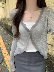 Lunivop Lace Trim One Button Long Sleeve Crop Top Women Short Sleeve Open Front Ribbed Knit Cardigan Sweater Summer Fairycore Outfit
