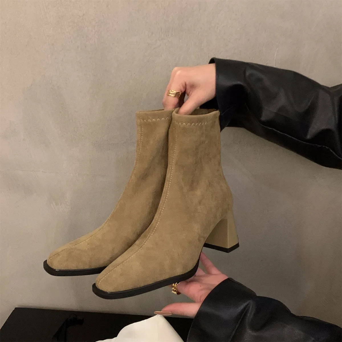 Lunivop Vintage Women Ankle Boots Fashion Square Toe Thick High Shoes Autumn Winter New Ladies Elegant Stretch Slim Short Booties