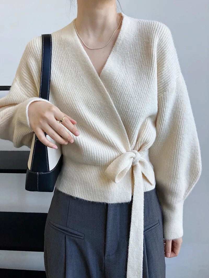Lunivop Tie Front Wrap Sweater Cardigan Women Soft Knitted V-neck Long Sleeve Surplice Sweater Top Autumn Winter Vintage Outfit