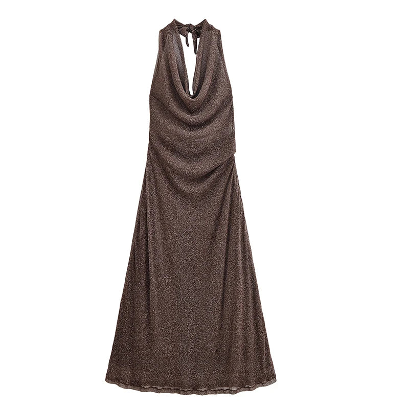 Lunivop  Women's Dress Summer New Metallic Brown Halter Neck Dress Long Dress Sexy Open Back Design Elegant Party Dresses
