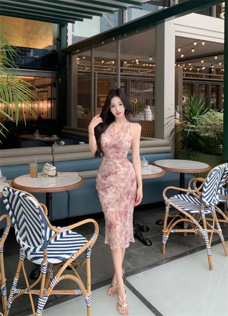 Lunivop  Woman Dress Floral Printed Sleeveless V Neck Halter Slim Vintage Split Temperament Party Dresses French Style Chic