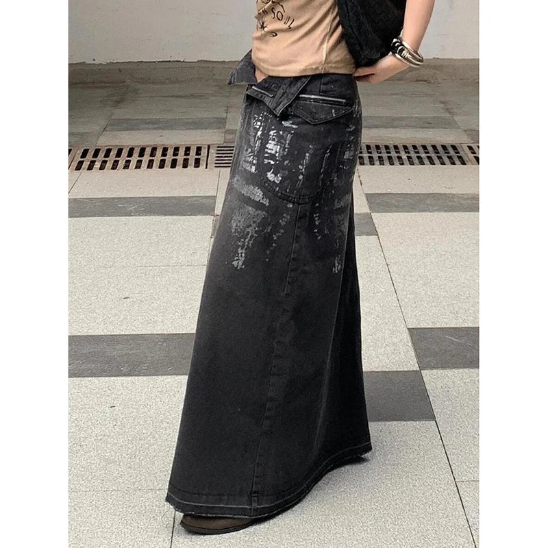 Lunivop Women's Autumn Hot Silver Denim A skirt High Waist Burr Edge Spliced Casual A-line Harajuku Korean Style Y2K Black Long skirt