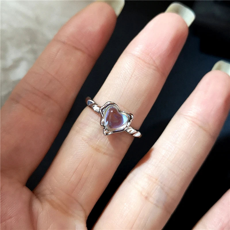 Lunivop Kpop Fashion Y2K Crystal Heart Adjustable Ring Irregular Geometry Punk Vintage Rings For Women Girls Cute Jewelry Accessories