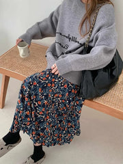 Lunivop  Vintage Blue Flower Print Skirt for Women Summer New High Waist A-line Skirts Lazy All-match Mid-length Loose Faldas Mujer