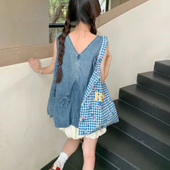 Lunivop Summer New O-neck Backless Bow Splicing Distressed Casual Denim Tank Tops Women + Pleated A-line Skirt Two-piece Suit