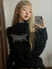 Lunivop Gothic Black Y2k Knitted Pullover Women Punk Harajuku Graphic Sweaters Grunge Solid Long Sleeve Pullovers Streetwear