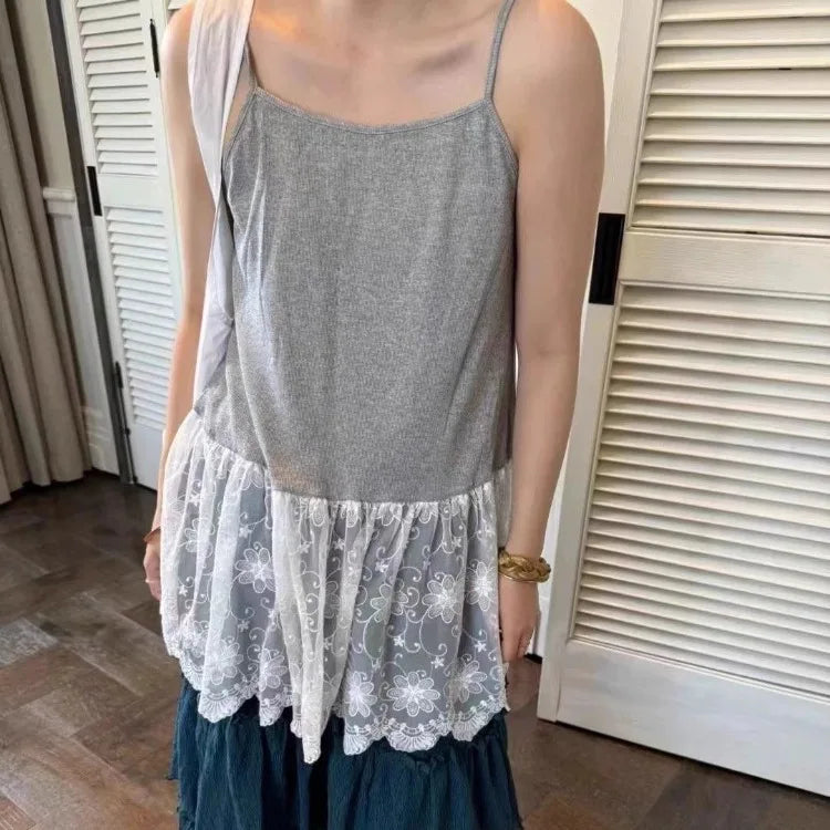 Lunivop  Korean Fashion Sweet Lace Patchwork Tank Top 2025 Summer New Camisole Vest for Women Y2k Sexy Slim Fit Black Tops Mujer