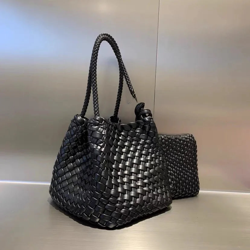 Lunivop  Handwoven Basket Sle Mother Daughter Handbag Casual Faion PU Leather Soft Buet Bag with Magnetic Bule Closure