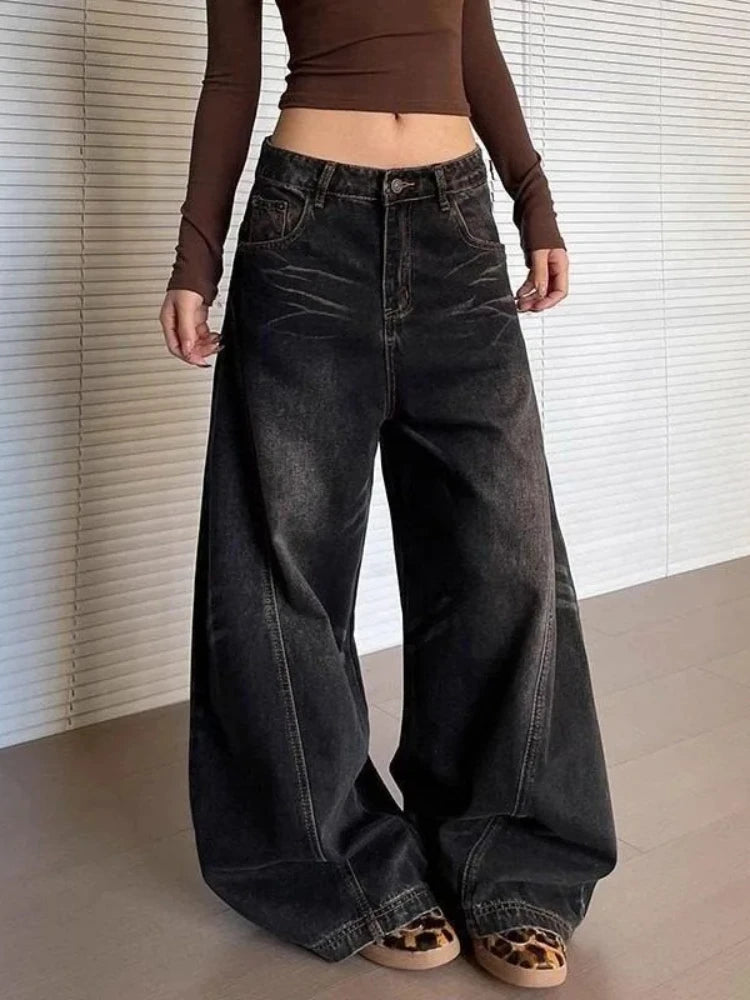 Lunivop  Vintage Washed Black Women's Jeans Wide Leg American Style High Waist Baggy Denim Pants Casual Straight Trousers New